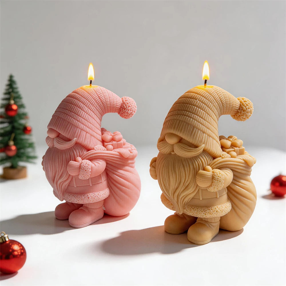 Pink and gold gnome candles beside sacks of gifts
