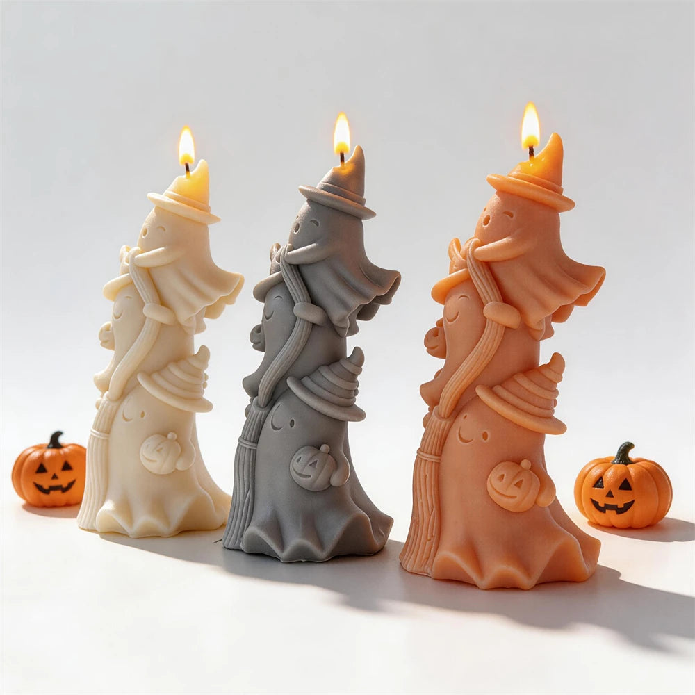 Front views of cream, gray and orange witch ghost stacks