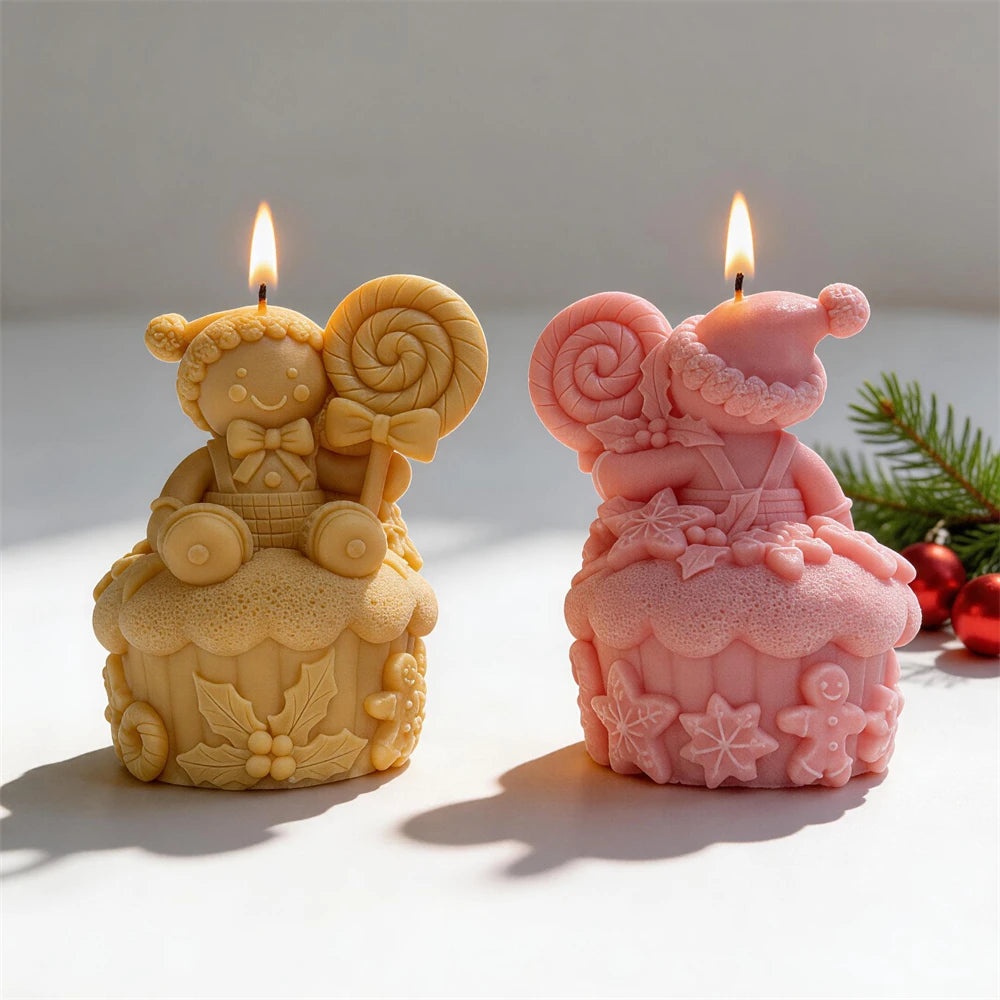 Front and rear views of gingerbread cupcake scenes