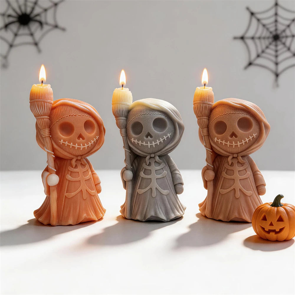 Orange, gray and brown robed skeleton castings with brooms