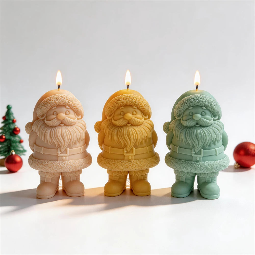 Cream, gold and green Santa candle samples with full beards and belted coats
