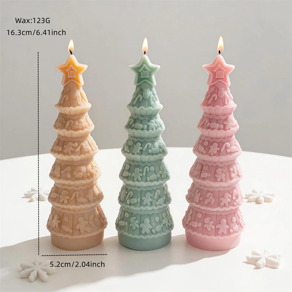 Gingerbread tree size diagram with 16.3 cm height, 5.2 cm width and 123 g wax reference