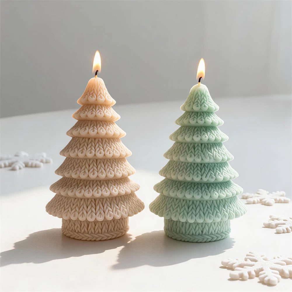 Flared-tier Loop Knit tree candle samples with stitch-like texture
