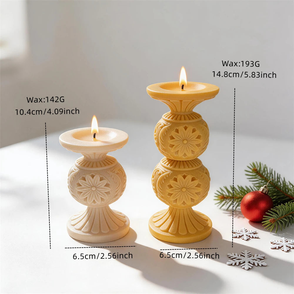 Snowflake pedestal candle dimensions comparing two heights and approximate wax amounts