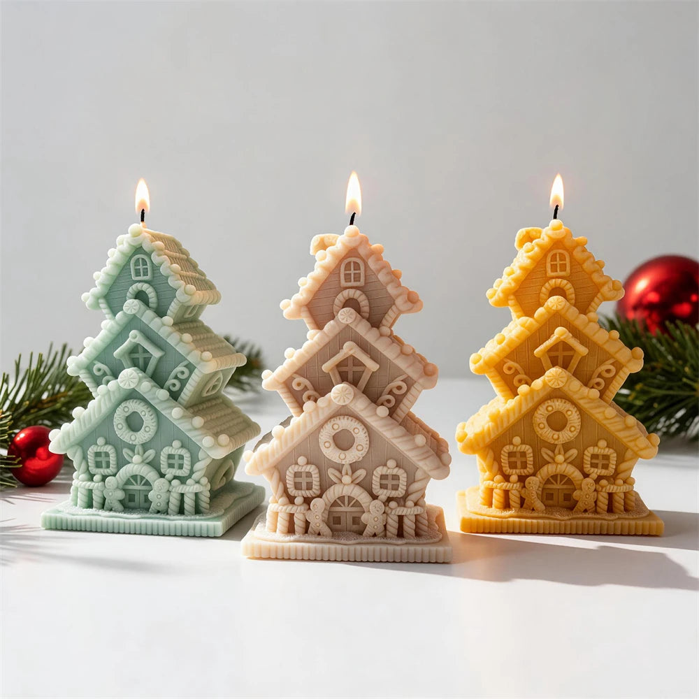 Pastel stacked gingerbread cottage samples on rectangular bases