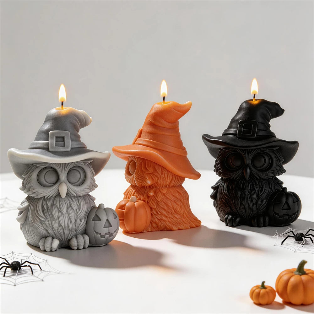 Rear of orange witch-hat owl beside front-facing gray and black owls
