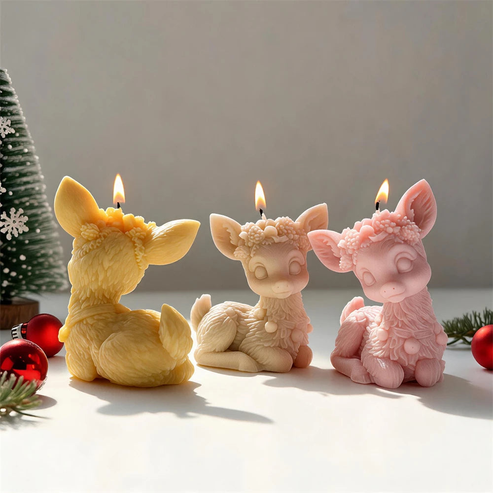 Side and rear views of reindeer candles with textured bodies and large ears