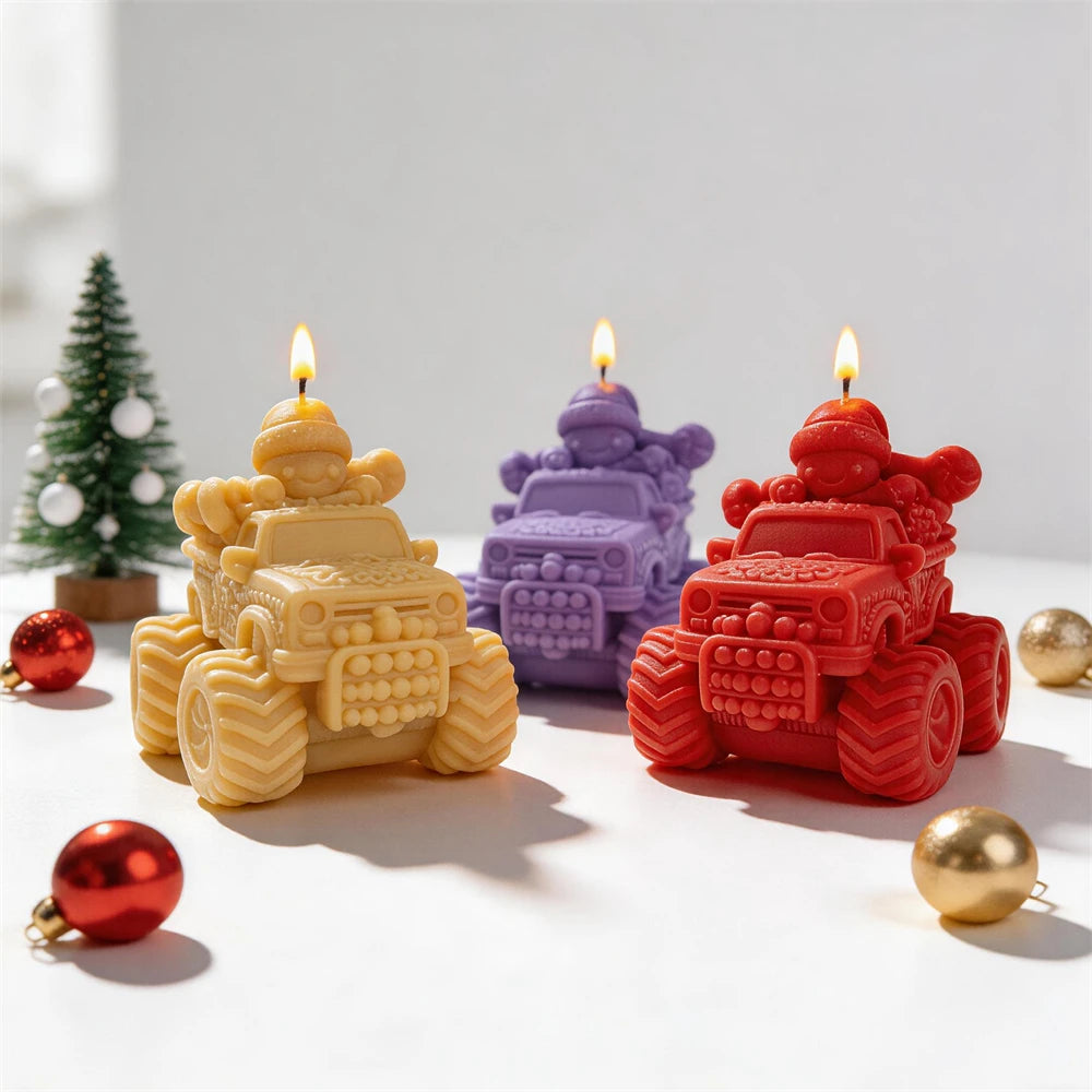 Yellow, purple and red gingerbread driver truck candles