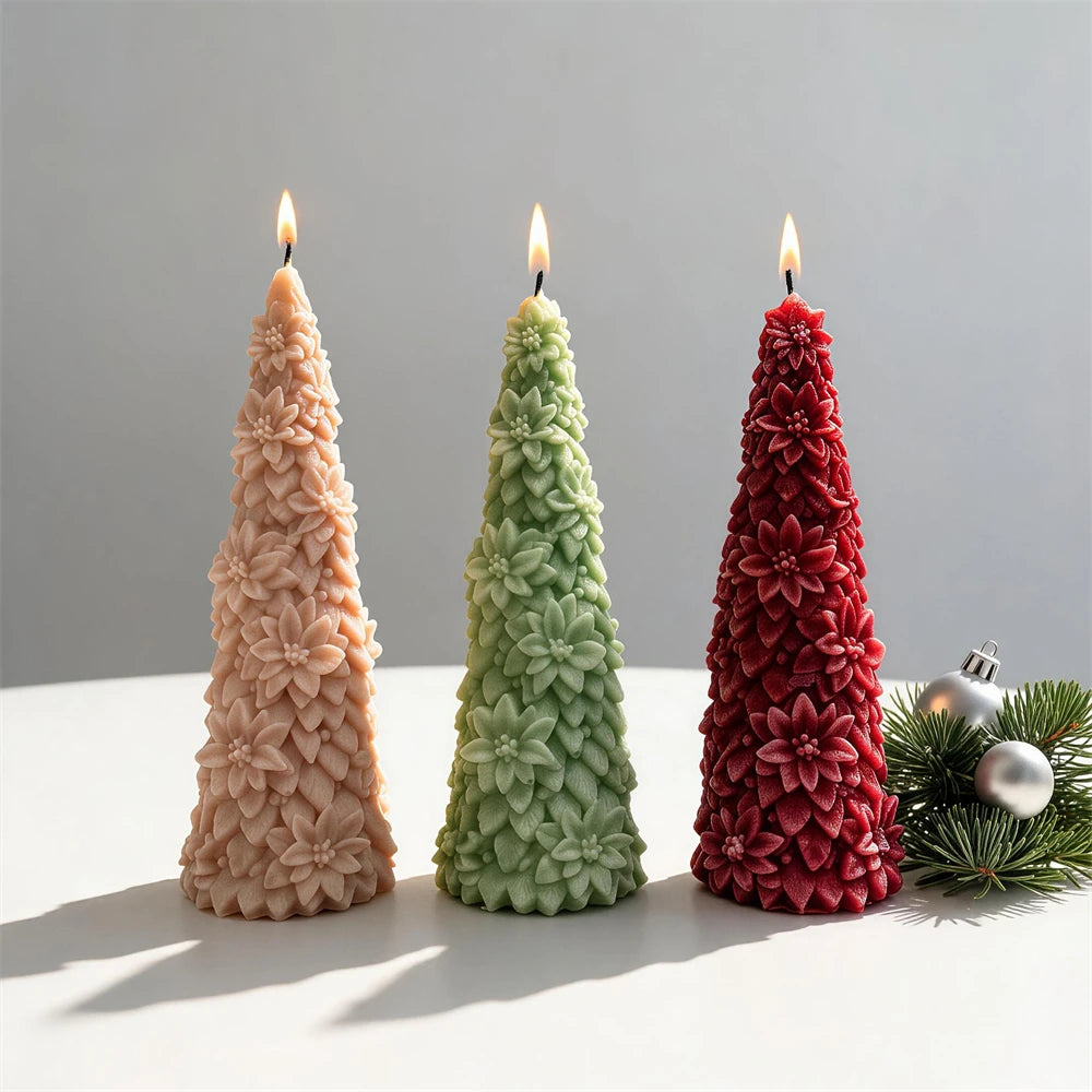 Neutral, green and red poinsettia-style tree candles