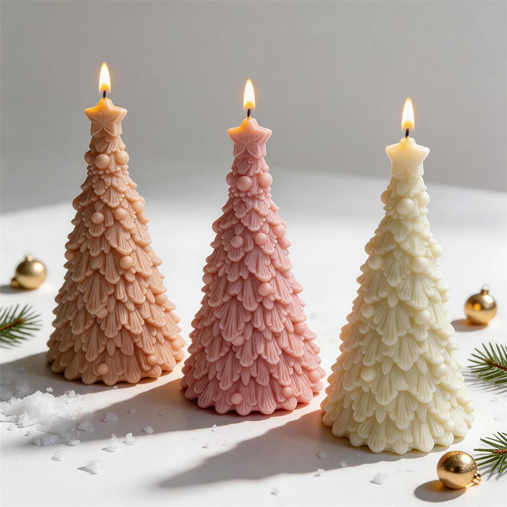 Peach, pink and cream tree candles on a festive tabletop