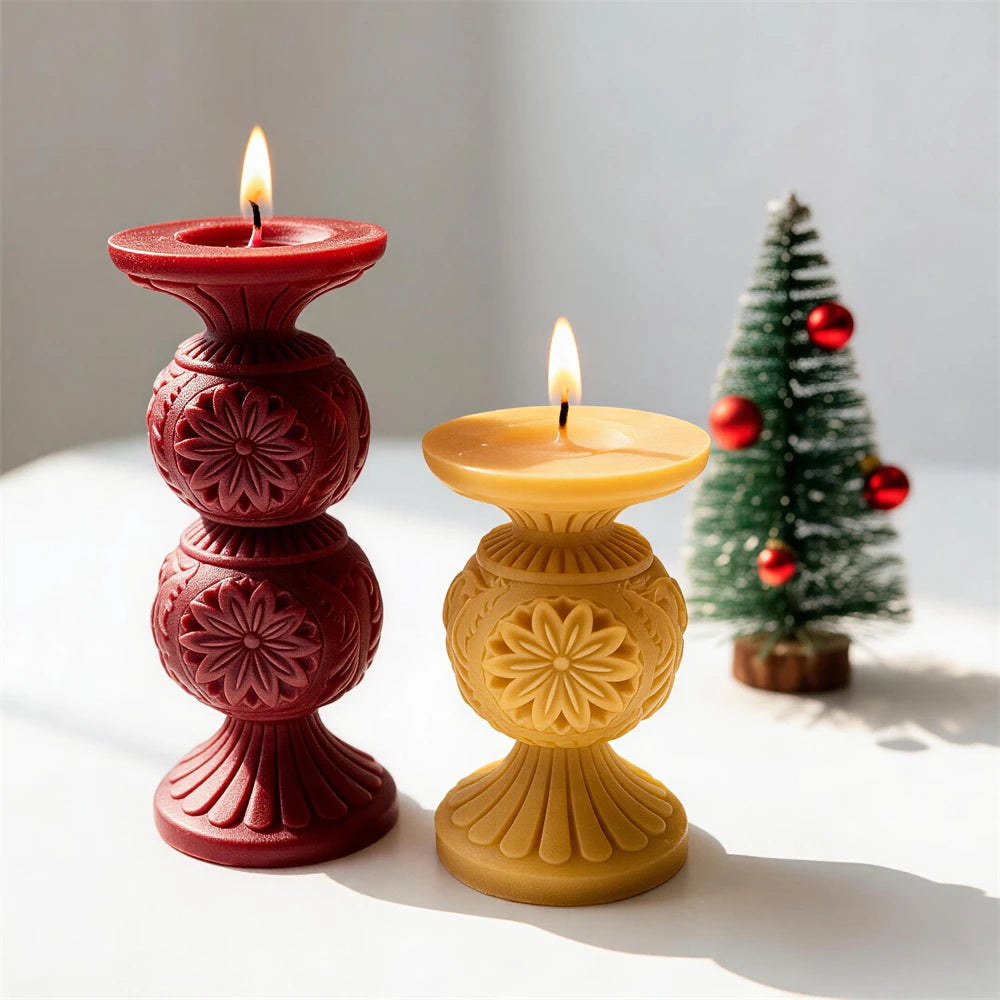 Red double-globe and gold single-globe snowflake candle samples