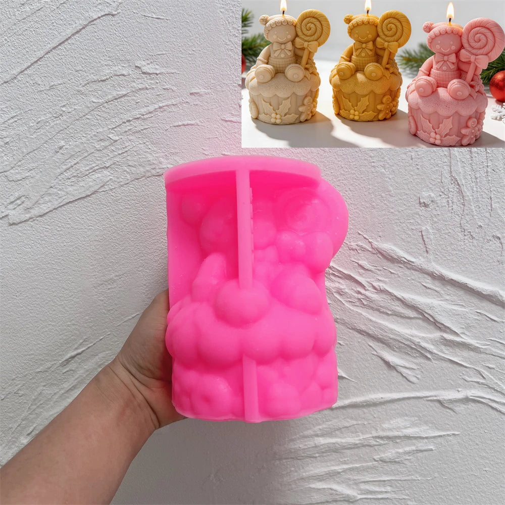 Pink silicone mold for gingerbread cupcake and lollipop scene
