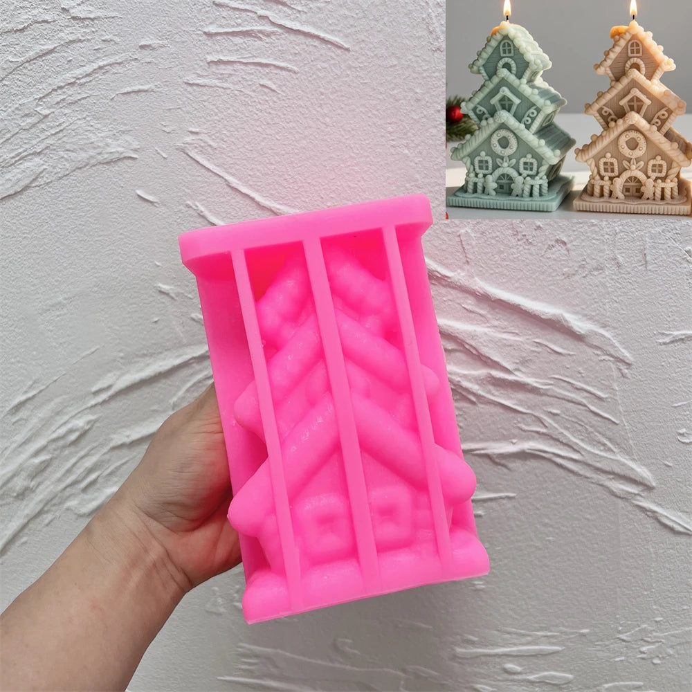 Pink silicone stacked gingerbread cottage mold held open