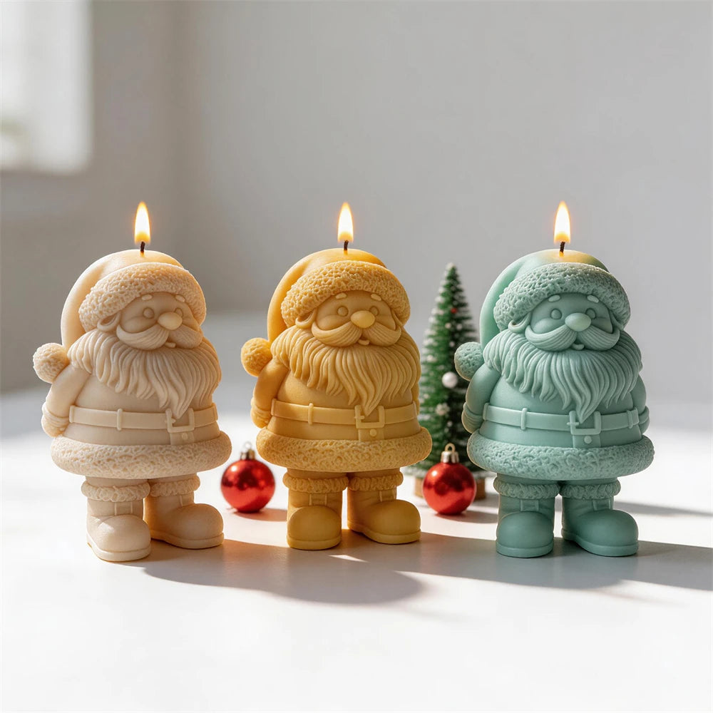Classic Santa candles arranged in festive cream, gold and green colors