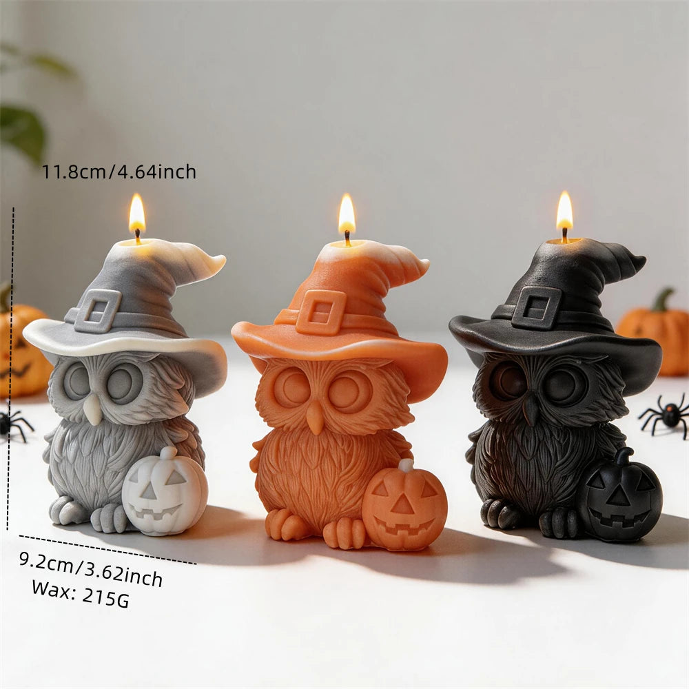 Owl candle sizing graphic with 11.8 cm height, 9.2 cm base and 215 g wax
