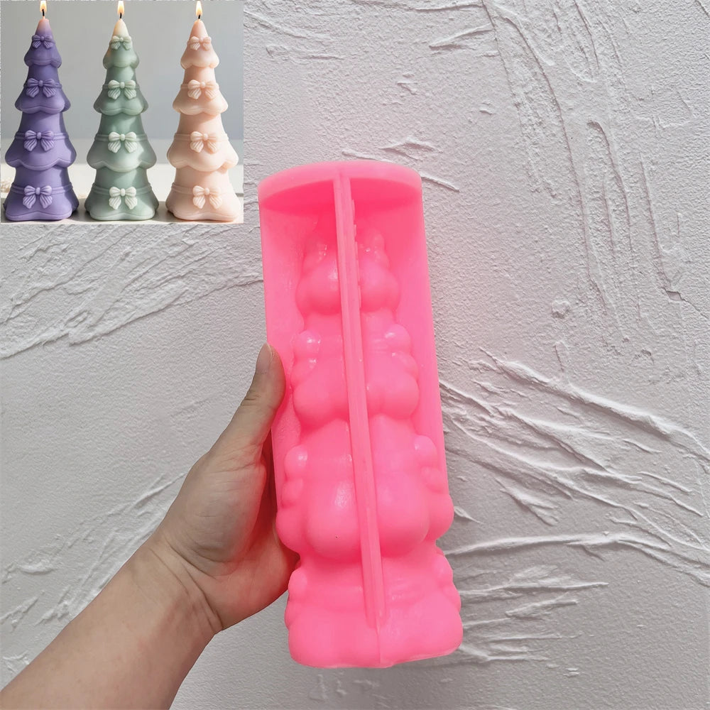 Pink silicone ribbon-banded tree mold beside finished examples