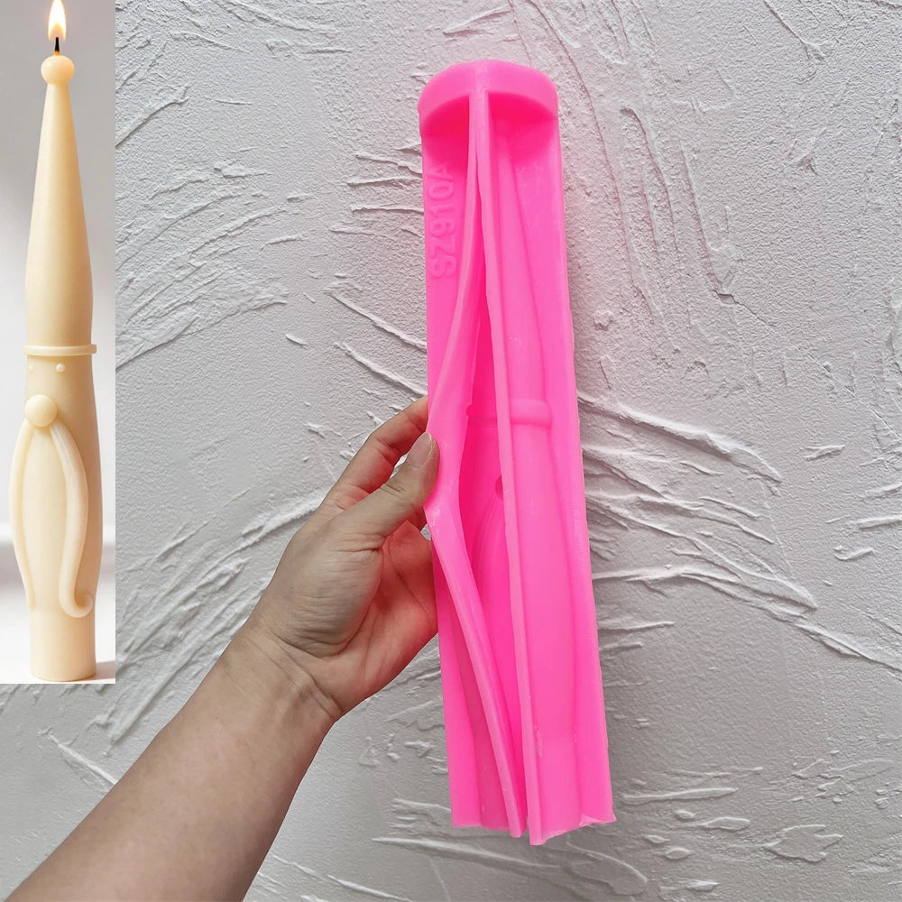 Pink silicone mold for long beard 910A taper with cream finished candle