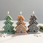 Green, cream and gray stacked cottage candles with arched entrances