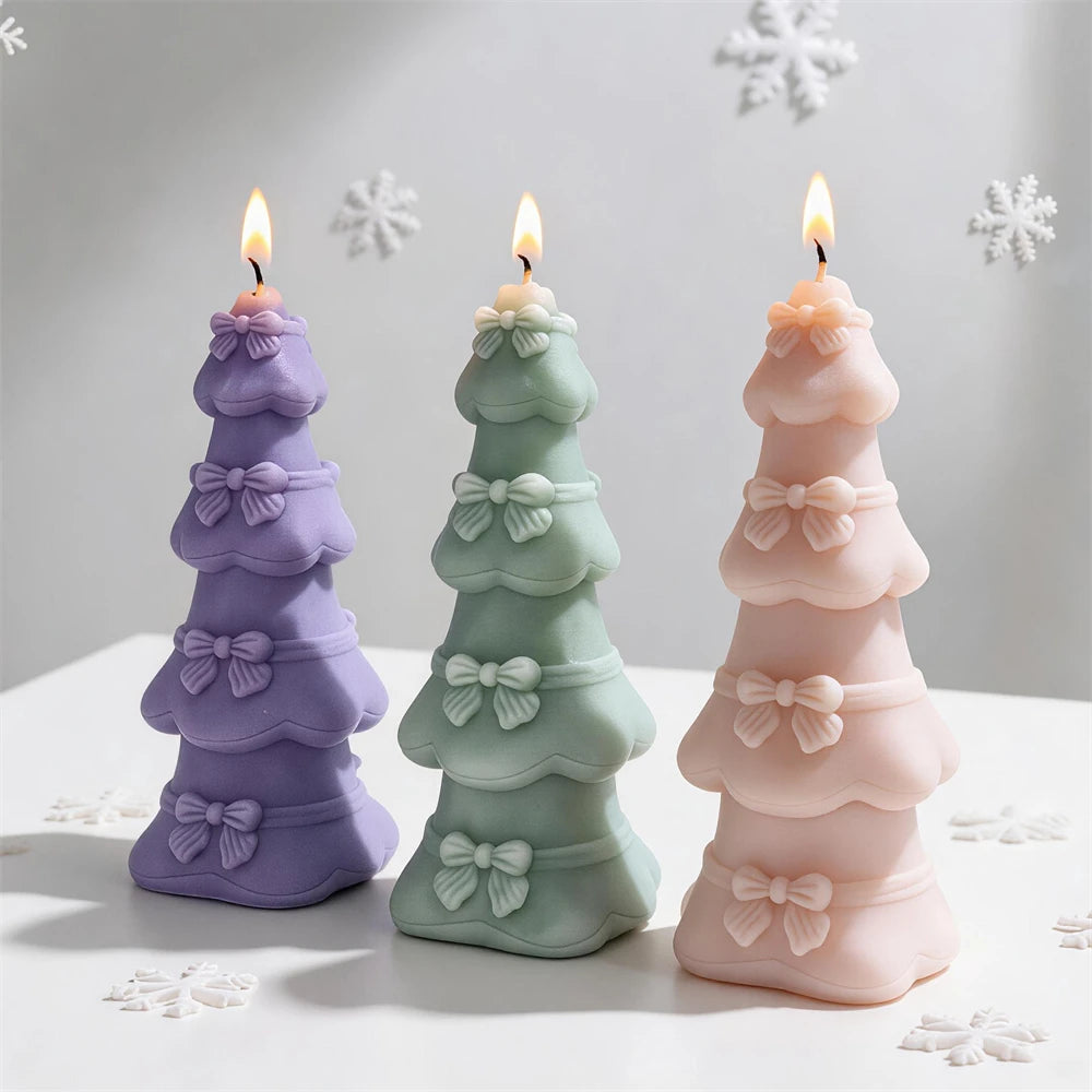 Ribbon-banded Christmas trees with smooth flared branches