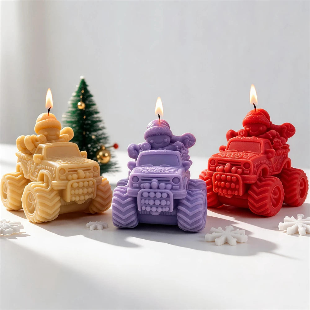 Festive truck candles with oversized treaded wheels