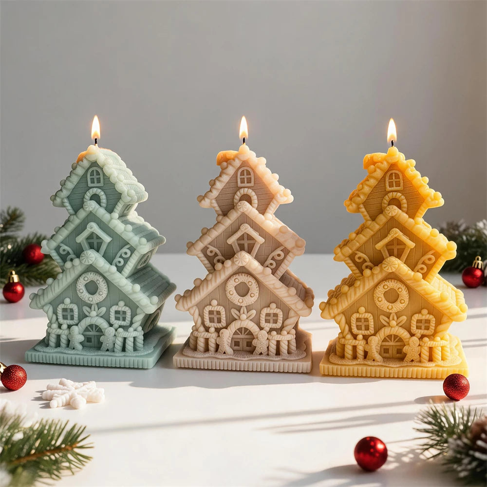 Three cottage-stack candle samples beside festive ornaments