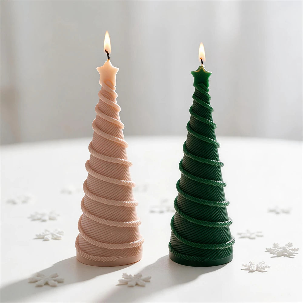 Green and pink spiral tree candles with distinct winding bands