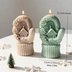 Christmas cottage mitten candle measurement diagram with 12.7 cm height, 7.5 cm width and 238 g wax reference