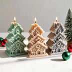 Front and rear views of stacked cottage candles showing windows and roofs