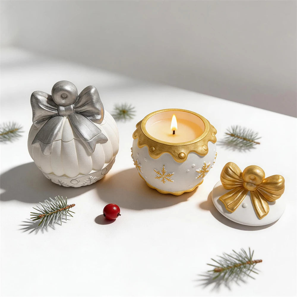 Silver pleated bow ornament and gold snowflake bow lidded vessels