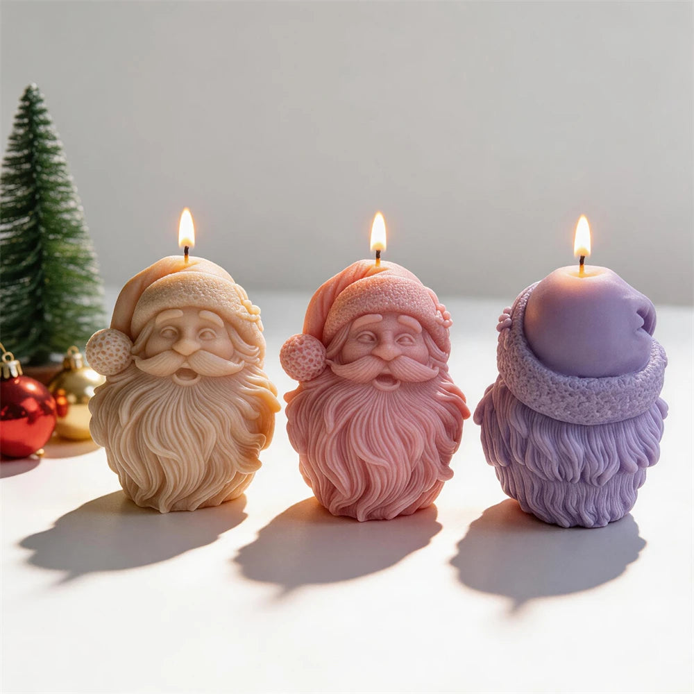 Front and rear views of Santa portrait candles