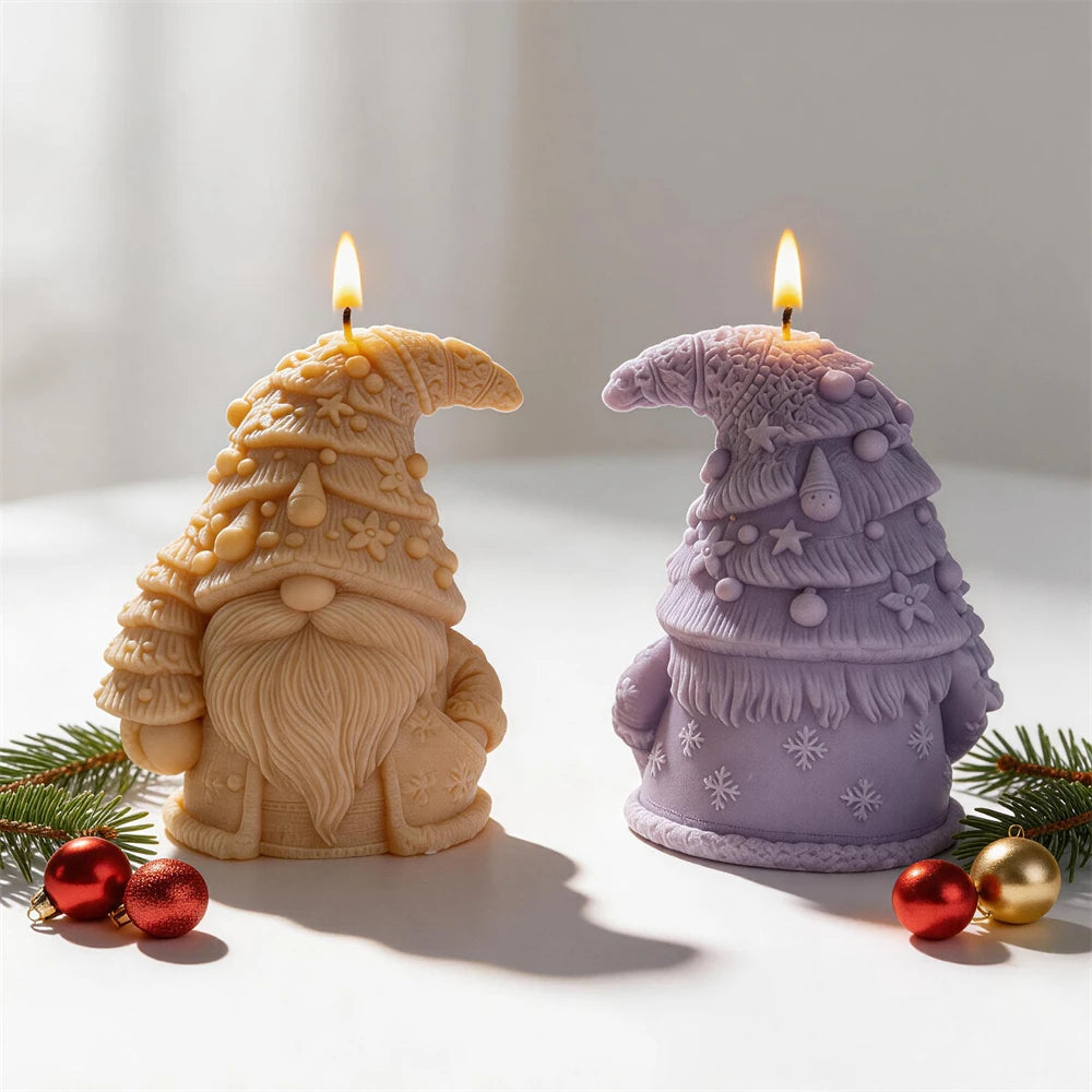 Front and rear views of Christmas tree hat gnome candles