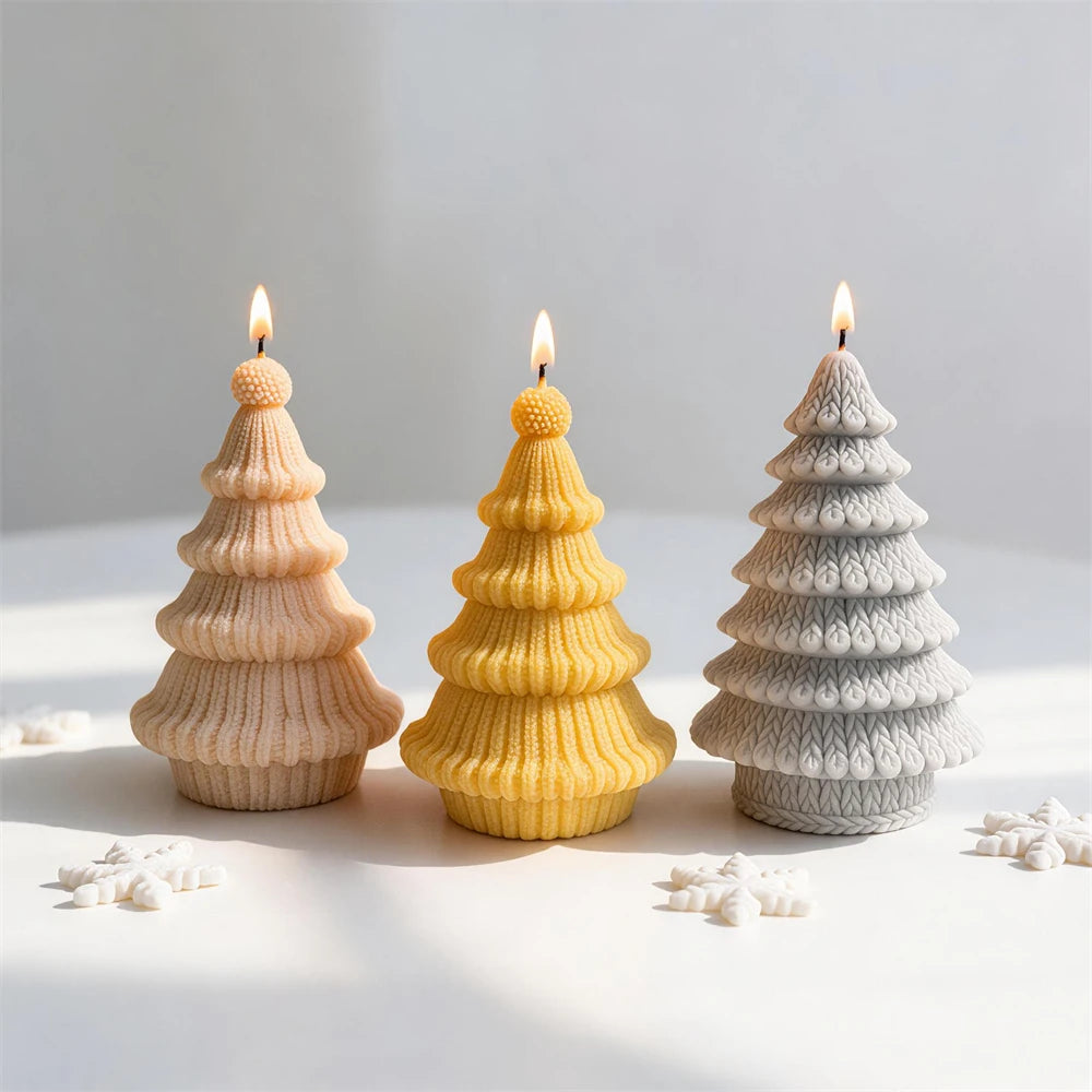 Cable Knit Christmas tree candles in cream, gold and gray