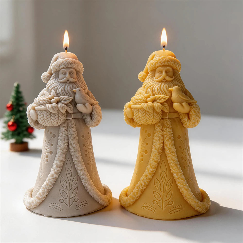 Santa Claus candle in a long fur-trimmed robe carrying a basket of gifts
