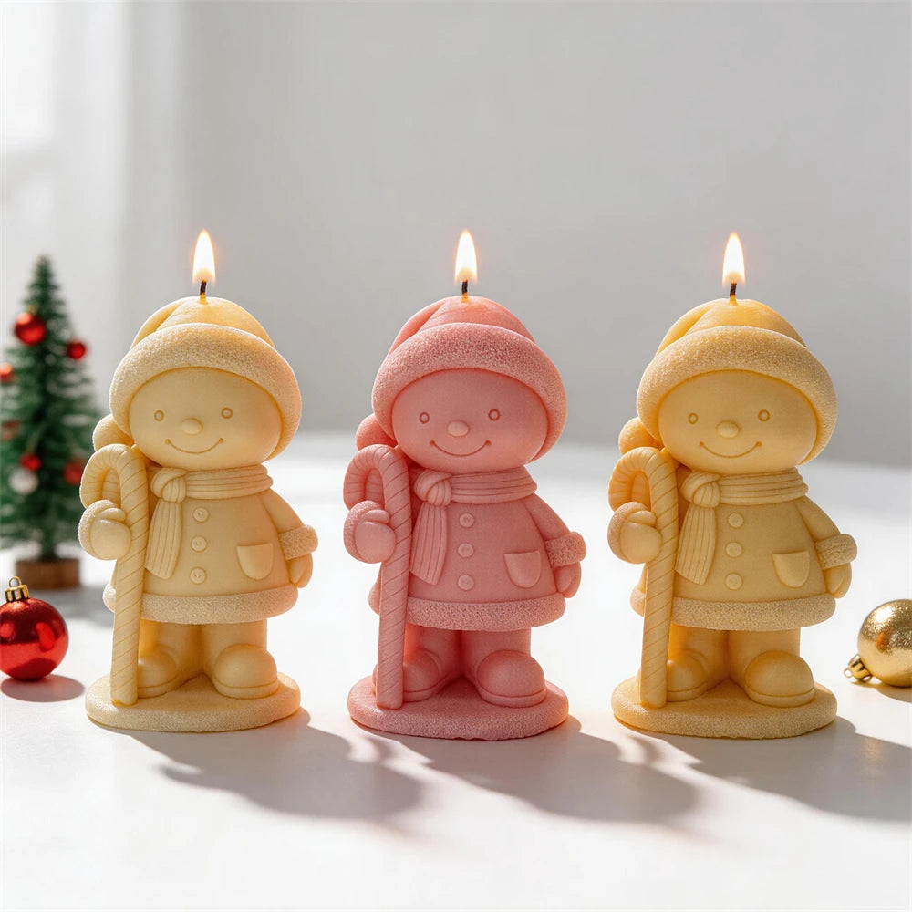 Front view of buttoned coats, mittens and candy canes
