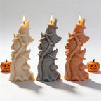 Three stacked witch ghost candle samples with hats and broom details