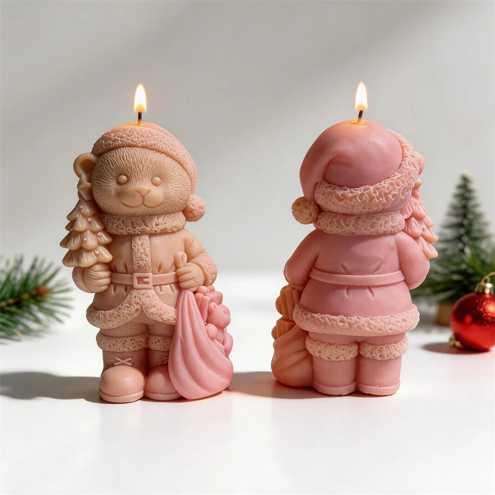 Front and rear views of Christmas bear candles with coat details