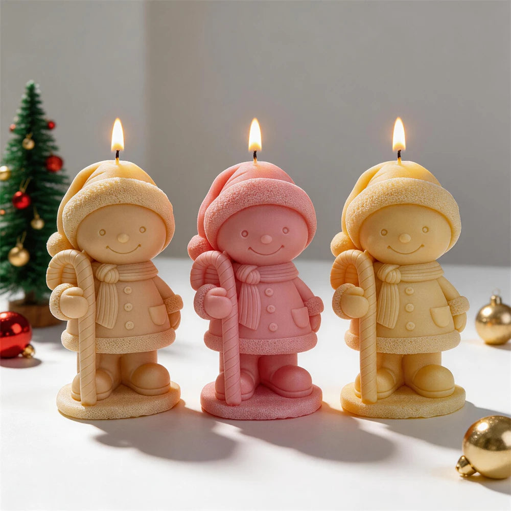 Three smiling winter characters in hats scarves and coats