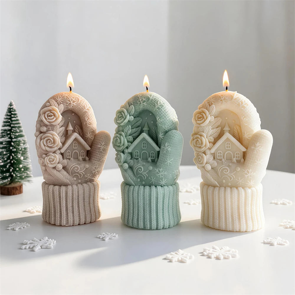 Cream, green and beige Christmas mitten candles with cottage and rose relief