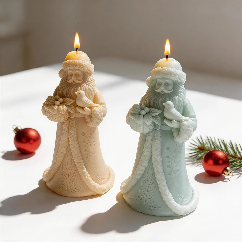 Front view of Santa candle with gift basket and detailed coat