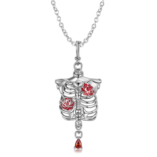 Anatomical Rib cage Necklace With Red Roses S925 Sterling Silver Obsesie