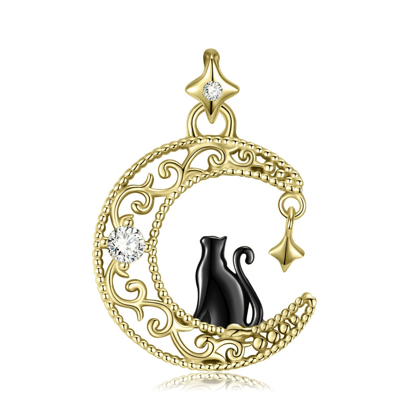 Black Cat Necklace Sterling Silver Crescent Moon Celtic Knot Cat Necklace S925 Sterling Silver Obsesie