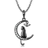 Black Cat Necklace Sterling Silver Crescent Moon Zirconium Inlaid Obsesie