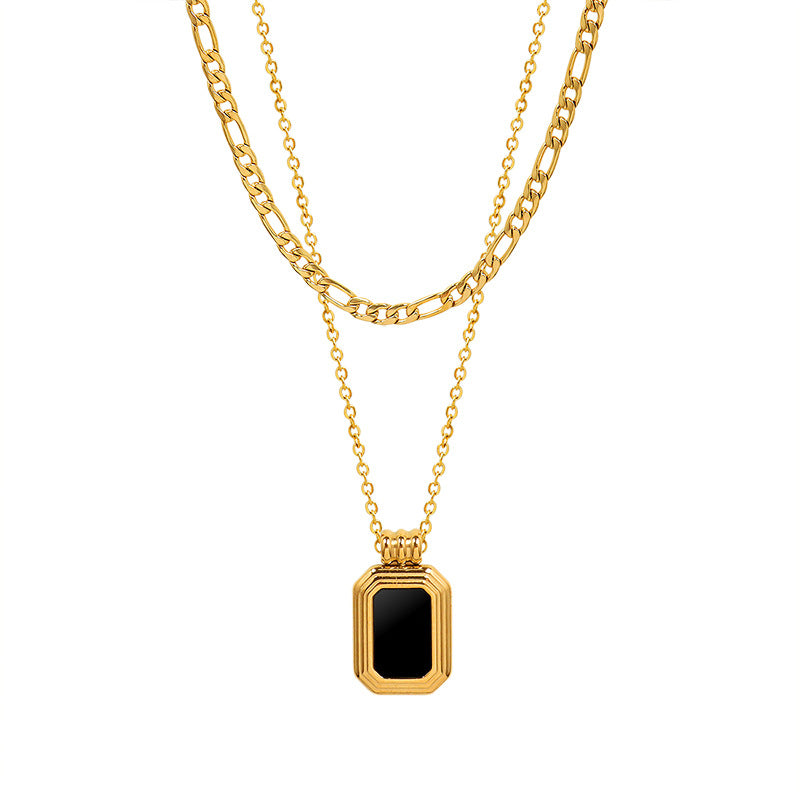 Black Square Roman Double Layer Twin Necklace - Stainless Steel Obsesie