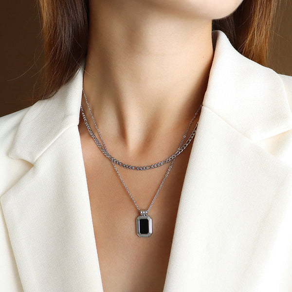 Black Square Roman Double Layer Twin Necklace - Stainless Steel Obsesie