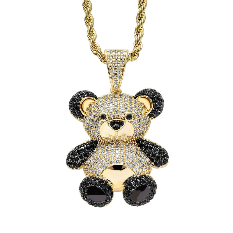 Bling Iced Out Teddy Bear Pendant Pave Full Cubic Zircon Fashion Hip Hop Jewelry Panda Necklace For Women Men Gift Obsesie