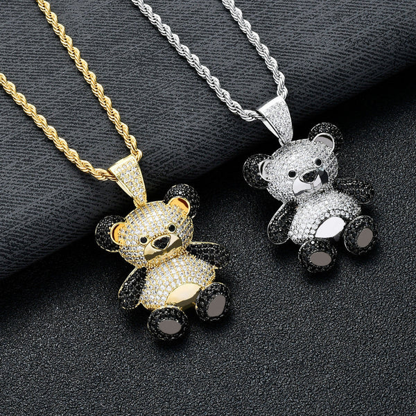 Bling Iced Out Teddy Bear Pendant Pave Full Cubic Zircon Fashion Hip Hop Jewelry Panda Necklace For Women Men Gift Obsesie