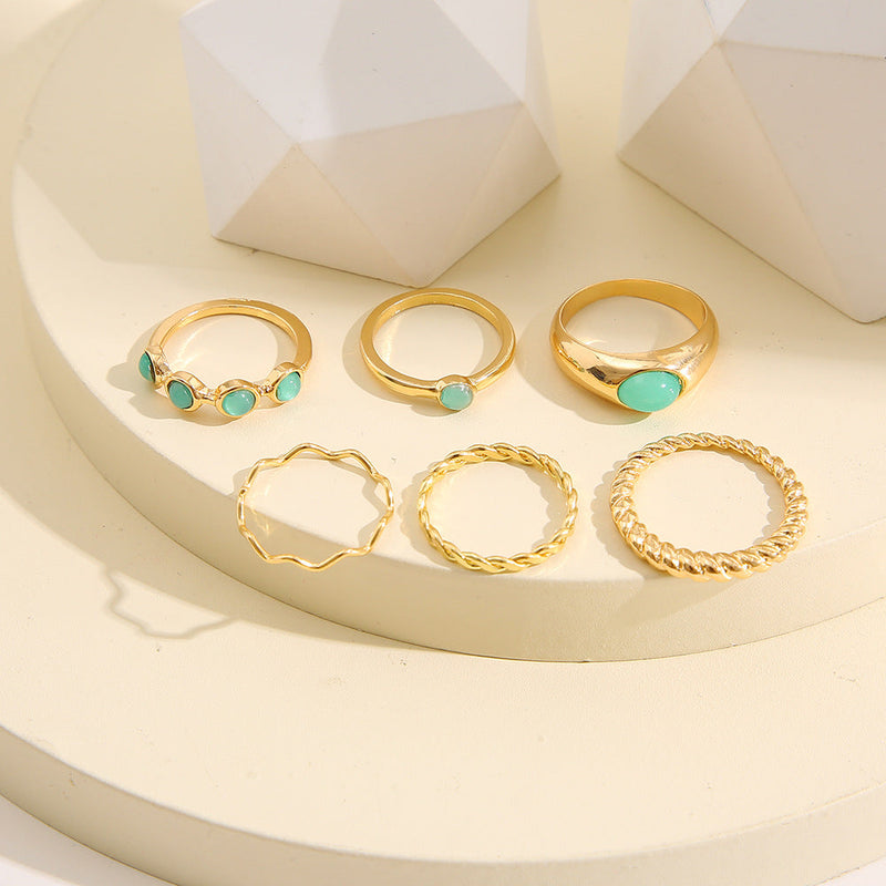 Boho Vintage Gold Geometric Emerald Statement Ring Set Obsesie