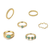 Boho Vintage Gold Geometric Emerald Statement Ring Set Obsesie