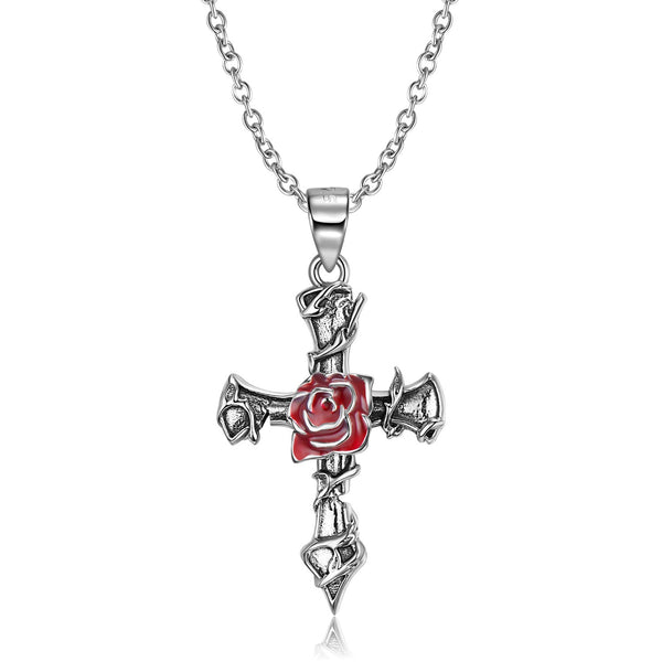 Cross Necklace Sterling Silver Rose Gold Plated Religious Cross Pendant Necklace with Rose Flower Jewelry Gifts Obsesie