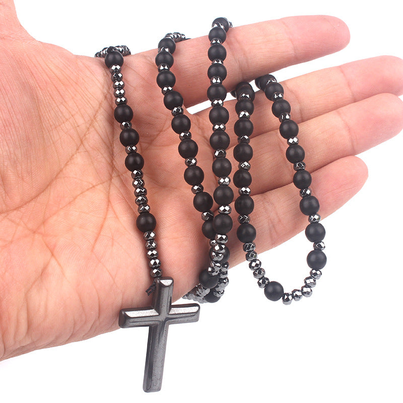 Cross Pendant Black Glitter Matte Agate Obsesie